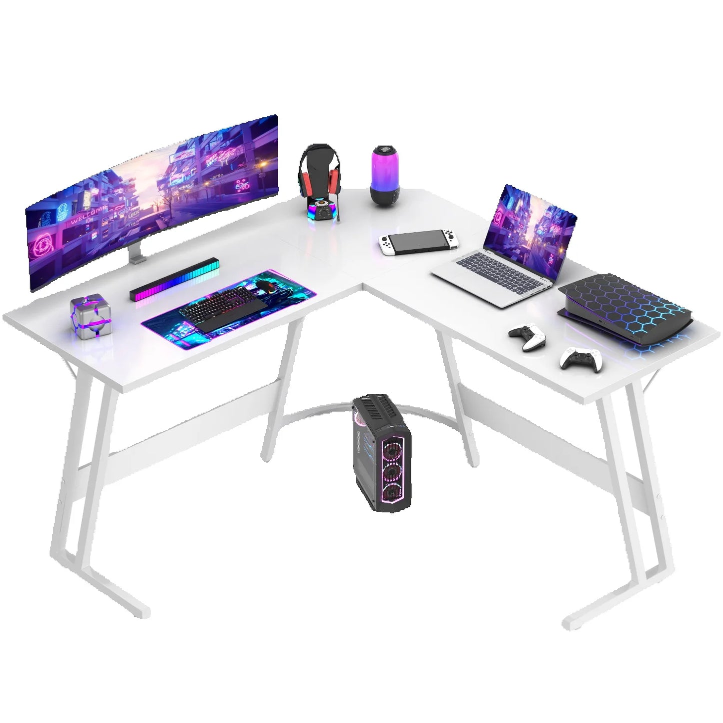Carjfdse Devoko L-Shaped Gaming Desk - 130x130cm Corner Computer Desk with Monitor Shelf
