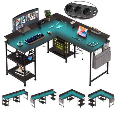 Carjfdse L-Shaped Computer Desk with Shelf, Power Outlet, USB, LED RGB - Grey/Black Gaming Desk