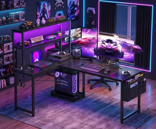 Carjfdse L-Shaped Gaming Desk with Power Outlets and LED Lighting - Corner Desk with Monitor Stand for Home Office - Space-Saving Design