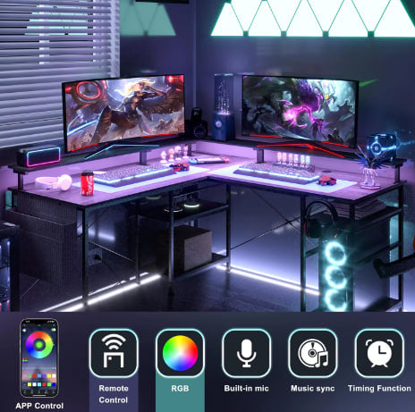 Carjfdse L-Shaped Computer Desk with Shelf, Power Outlet, USB, LED RGB - Grey/Black Gaming Desk